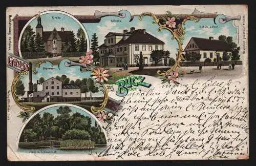 147774 AK Bucz Schlesien (?) Litho 1905 Kirche Schloss Schule Post Brennerei