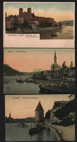 150638 3 AK Passau Künstlerkarte Litho um 1900 Innufer Studienkirche Donauquai