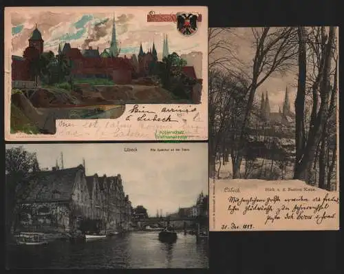 150445 3 AK Litho Lübeck 1899 Alte Speicher an der Trave Blick d. Bation Katze