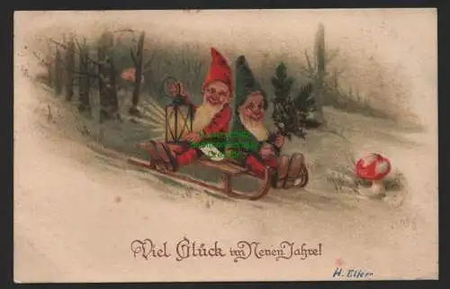 151417 AK Neujahr 1927 Zwerge fahren Schlitten Pilz