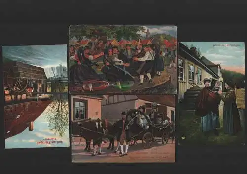151505 4 AK Gruss aus Thüringen 1919 Frauen Tracht Volkstrachten Hochzeitswagen