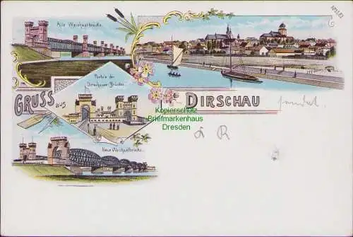 156407 AK Tczew Dirschau Wpr. 1899 Pelplin Litho Alte Weichselbrücke Portale Neu