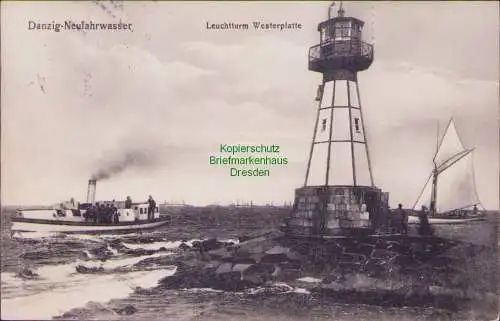 156433 AK Danzig Neufahrwasser Leuchtturm Westerplatte 1913 kleiner Dampfer
