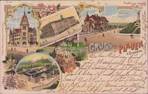 158151 AK Plauen bei Dresden 1900 Litho Rathaus Lehrer Seminar Bienert Mühle