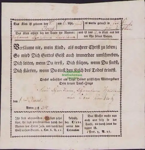 158102 Taufpatenbrief alter colorierter Taufbrief Anno 1834 Leipzig