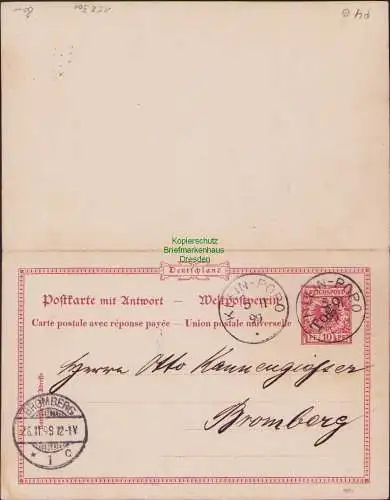 158301 Ganzsache Togo P 4 Antwortganzsache echt gelaufen Klein Popo 1899 nach