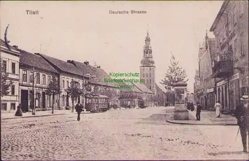 161379 AK Tilsit Deutsche Strasse 1909 Straßenbahn Kirche Verlag Bruno Scholz