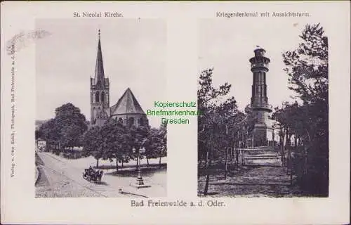 165331 AK Bad Freienwalde a. d. Oder 1911 St. Nicolai Kirche Kriegerdenkmal mit