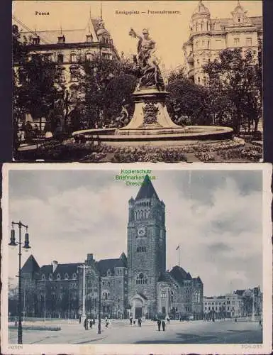 165628 2 AK Posen Poznan Königsplatz Perseusbrunnen 1914 Feldpost Postamtssiegel