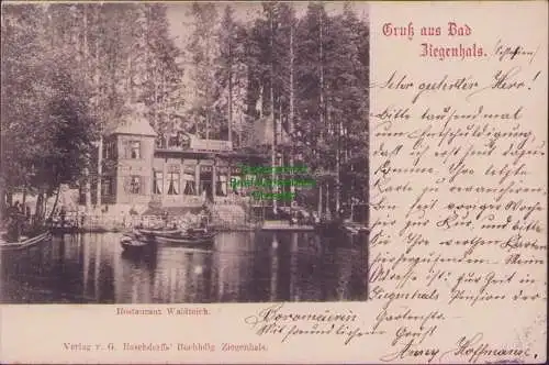 165580 AK Restaurant Waldteich Schlesien 1899 Gruß aus Bad Ziegenhals
