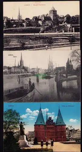 172763 3 AK Lübeck Burgtor Panorama 1915 Hafen 1907 Holstentor