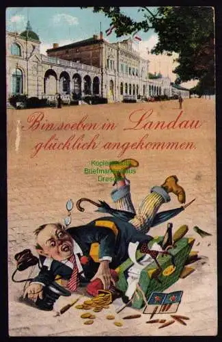 172708 AK Landau (Pfalz) Hauptbahnhof 1920 Humor Bin soeben glücklich angekommen