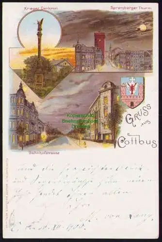 173721 AK Cottbus Litho 1900 Spremberger Uhrturm Bahnhofstrasse Kriegerdenkmal