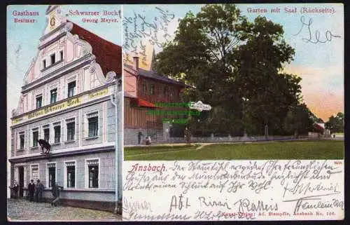 173731 AK Ansbach 1909 Gasthaus Schwarzer Bock Garten m. Saal Rückseite Bahnpost