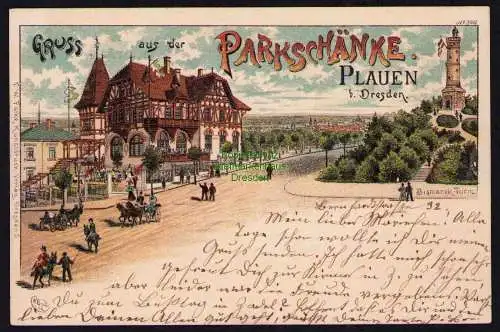 173849 AK Litho Parkschänke Plauen bei Dresden Bismarck Turm 1897