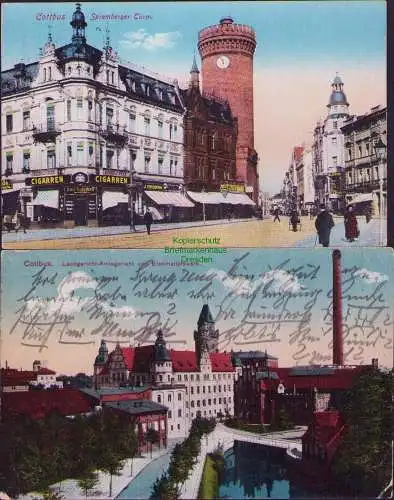 174737 2 AK Cottbus Spremberger Turm 1915 Amtsgericht und Elektrizitätswerk 1927