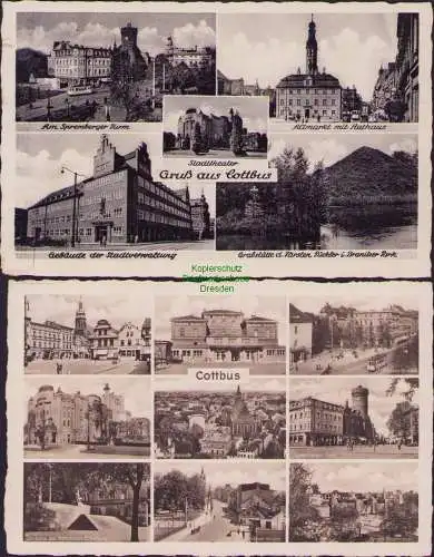 174735 2 AK Cottbus Am Spremberger Turm Stadttheater Altmarkt mit Rathaus 1939