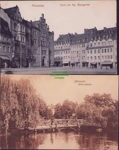 174753 2 AK Mittweida um 1910 Markt mit Kgl. Amtsgericht Kauhaus Schwanenteich