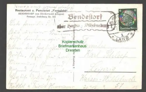 20905 AK Bendestorf Restaurant u. Pensionat Fernsicht 1936 Landpoststempel