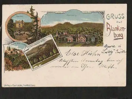 21329 AK Litho Blankenburg Eberstein Ruine Greifenstein 1903  Joske Saalfeld