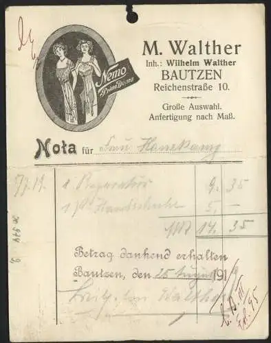 20974 AK Reklame Karte Bautzen Nota 1919, gelocht , 1919