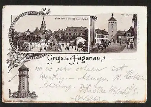 22037 AK Litho Hagenau Wasserturm Ritterturm Blick v. Bahnhof in die Stadt 1895