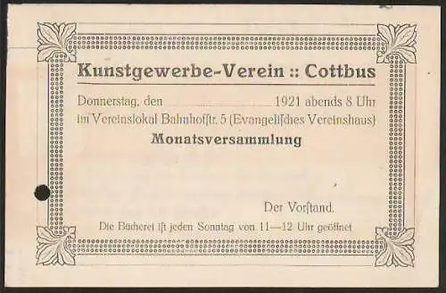 22883 AK Cottbus Kunstgewerbeverein 7.6.1921 Einladung zur Monatsversammlung