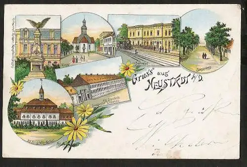 24119 AK Neustadt a. Dosse Prignitz Bahnhof Zug Litho Kirche Landgestüt Lindenau