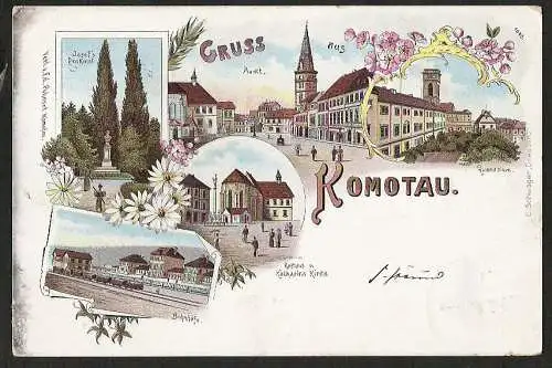 25075 AK Litho Komotau Bahnhof Rathaus Katharina Kirche Josef´s Denkmal ,  1898