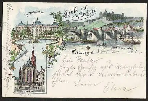 25237 AK Litho Würzburg Mainbrücke Festung Marienkirche Residenzschloss 1897