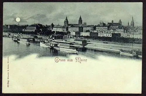 29802 AK Mainz Mondschein Ansichtskarte Dampfer ca. 1900, ungelaufen