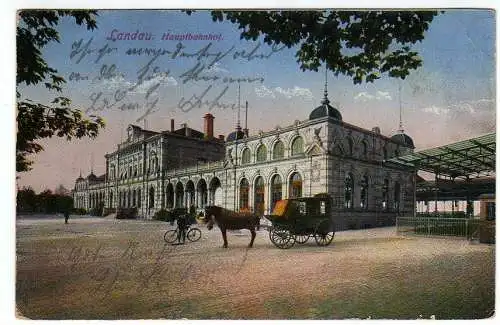 38644 AK Landau Pfalz Hauptbahnhof Pferdekutsche 1915 Feldpost Rodaiben