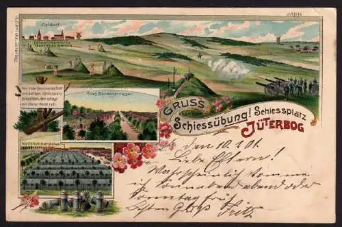 38912 AK Litho Schiessplatz Jüterbog Schiessübung Zieldorf Barackenlager