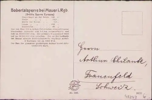 43843 AK Bobertalsperre um 1925 Mauer i. Riesengebirge