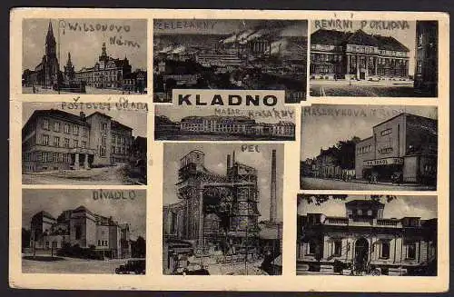 50772 AK Kladno 9 Ansichten Fabrik Bio Sokol Divadlo … 1939