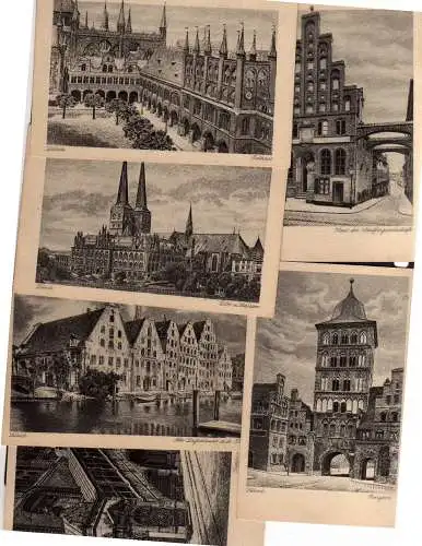54686 6 AK Lübeck Schiffergesellschaft um 1925 Künstlerkarte Burgtor Rathaus Dom
