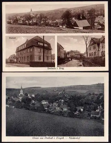 54673 2 AK Drebach Sachsen um 1920 Postamt Panorama