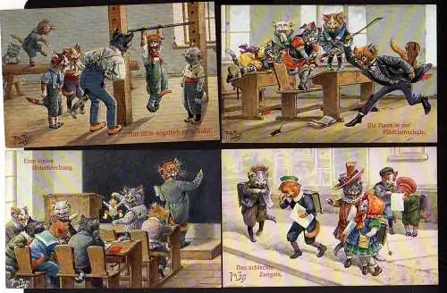 54064 4 AK Katzen vermenschlicht Künstlerkarte Arthur Thiele u 1910 Maus Zeugnis