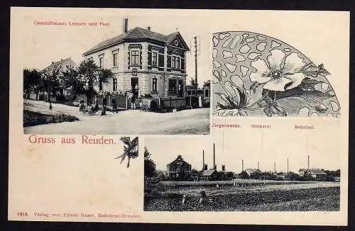 54061 AK Reuden Ziegelwerke Molkerei Bahnhof Gaschäftshaus Leibner Post um 1910