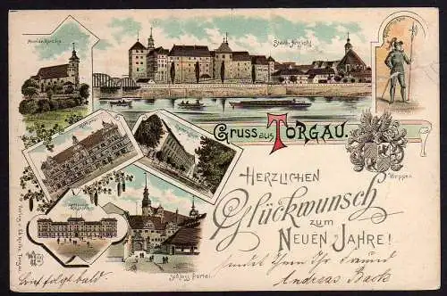 55267 AK Litho Torgau 1897 Schloss Rathaus Gymnasium Marienkirche