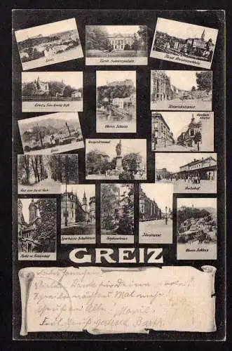 55322 AK Greiz 1905 Mikroskoppostkarte 16 Bilder Sparkasse Bahnhof Schloss …