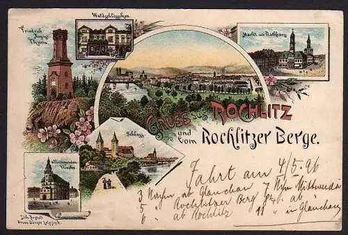 55266 AK Litho Rochlitz 1896 Rochlitzer Berg Turm Kirche Schloss Markt Rathaus