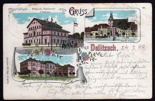 55160 AK Delitzsch 1899 Kgl. Lehrerseminar Markt Bahnhof Zug Eisenbahn Lok Lizho