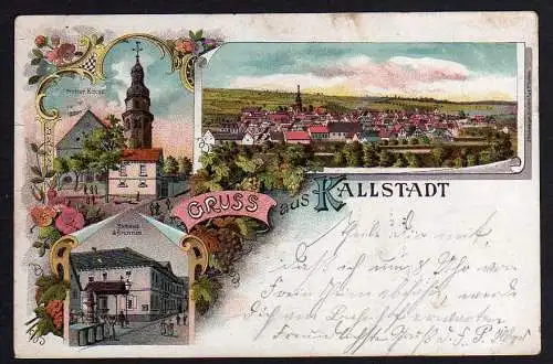 55081 AK Kallstadt 1898 Litho Kirche Rathaus Brunnen, gelaufen