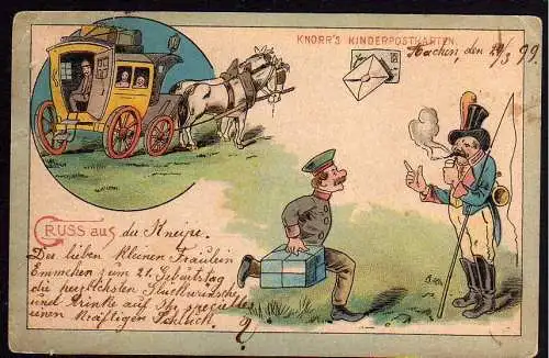 56058 AK Knorrs Kinderpostkarten Gruss aus der Kneipe Postkutsche Postbote Paket