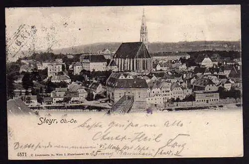 57220 AK Steyr 1902 Brücke Kirche Oberösterreich