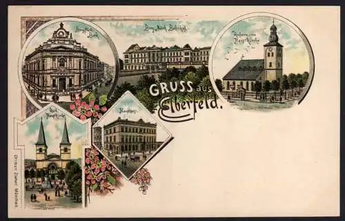 58280 AK Litho 1896 Elberfeld Bank Bahnhof Hauptkirche um 1905