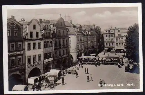 58246 AK Hirschberg Schlesien Fotokarte Markt Geschäfte Straßenbahn 1929 Gasthof