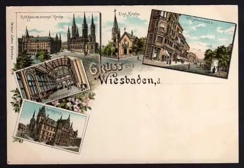 58288 AK Litho um 1900 Wiesbaden Wilhelmstraße Rathaus