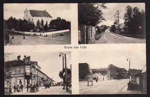 58418 AK Lida Lyda 1918 4 Ansichten Kirche Eckhaus vor und nach der Zerstörung